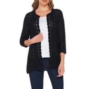 Isaac Mizrahi Crochet Open Front 3/4 Slv Cardigan